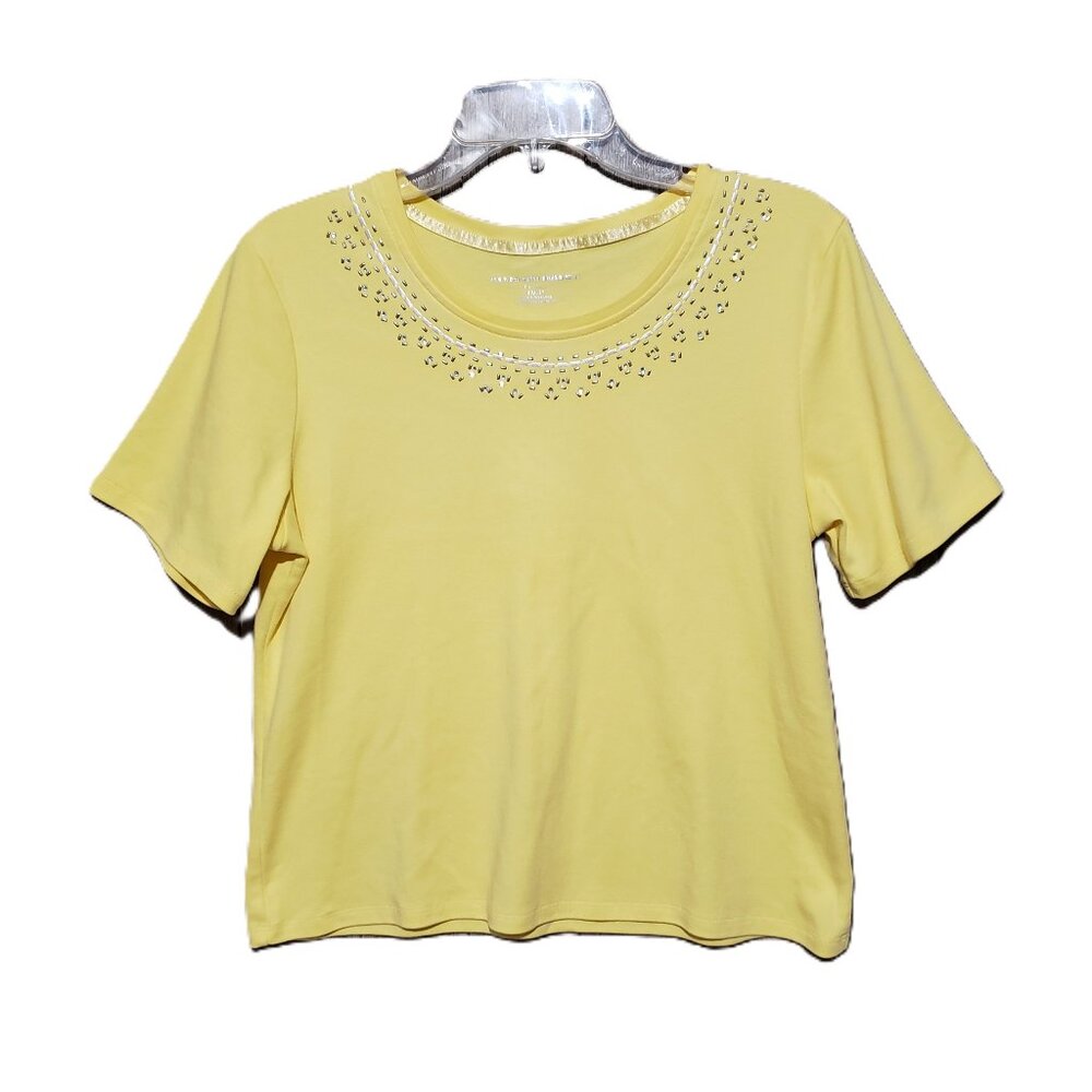Allison Daley PM MP Women's Tee Top‎ Yellow Embroidered Beaded Short Sleeve